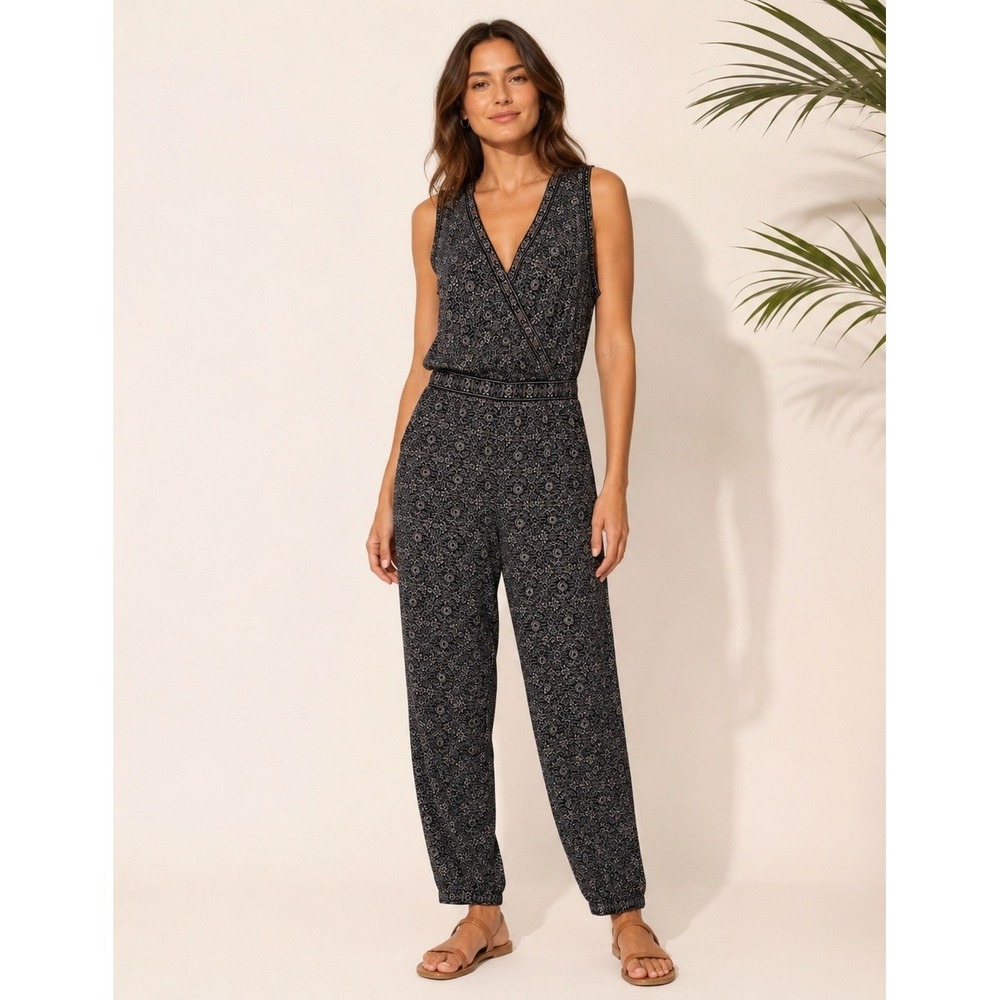 Max Studio Jumpsuit Womens XS Black Geometric Floral Print Polyester Pockets